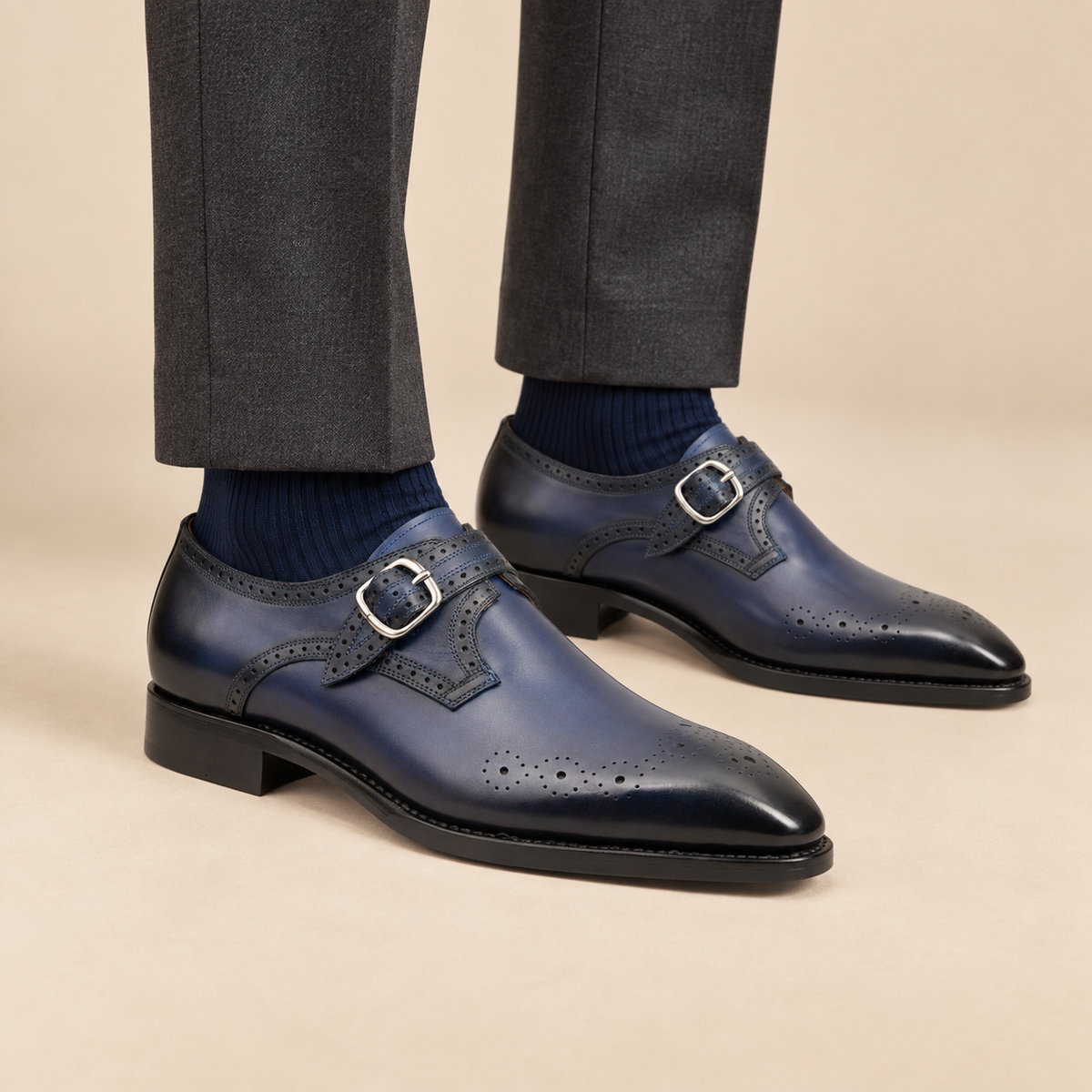 Blue Cow Leather Monk Shoes