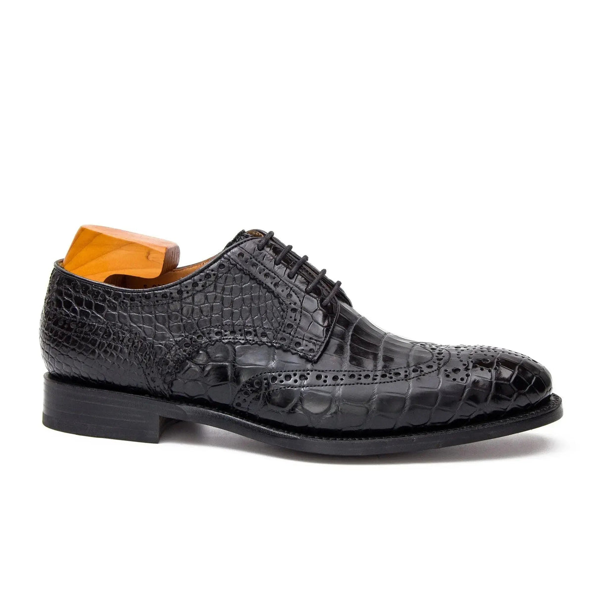 Black Wingtip Crocodile Leather Derby Shoes