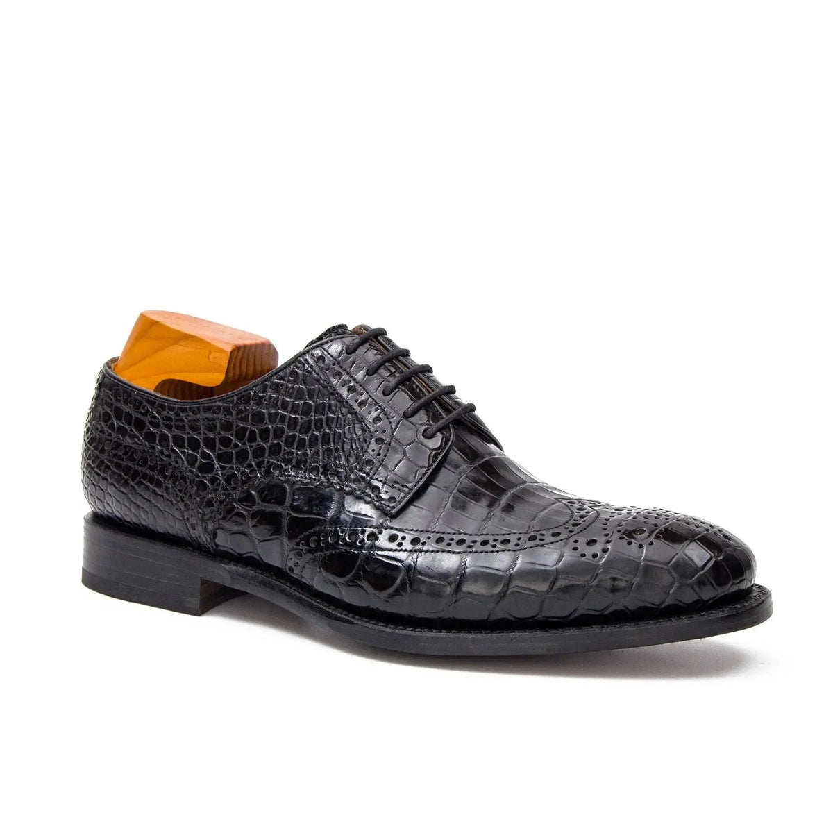 Black Wingtip Crocodile Leather Derby Shoes