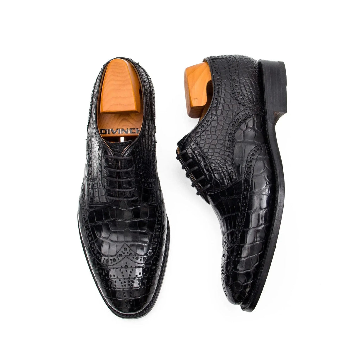 Black Wingtip Crocodile Leather Derby Shoes