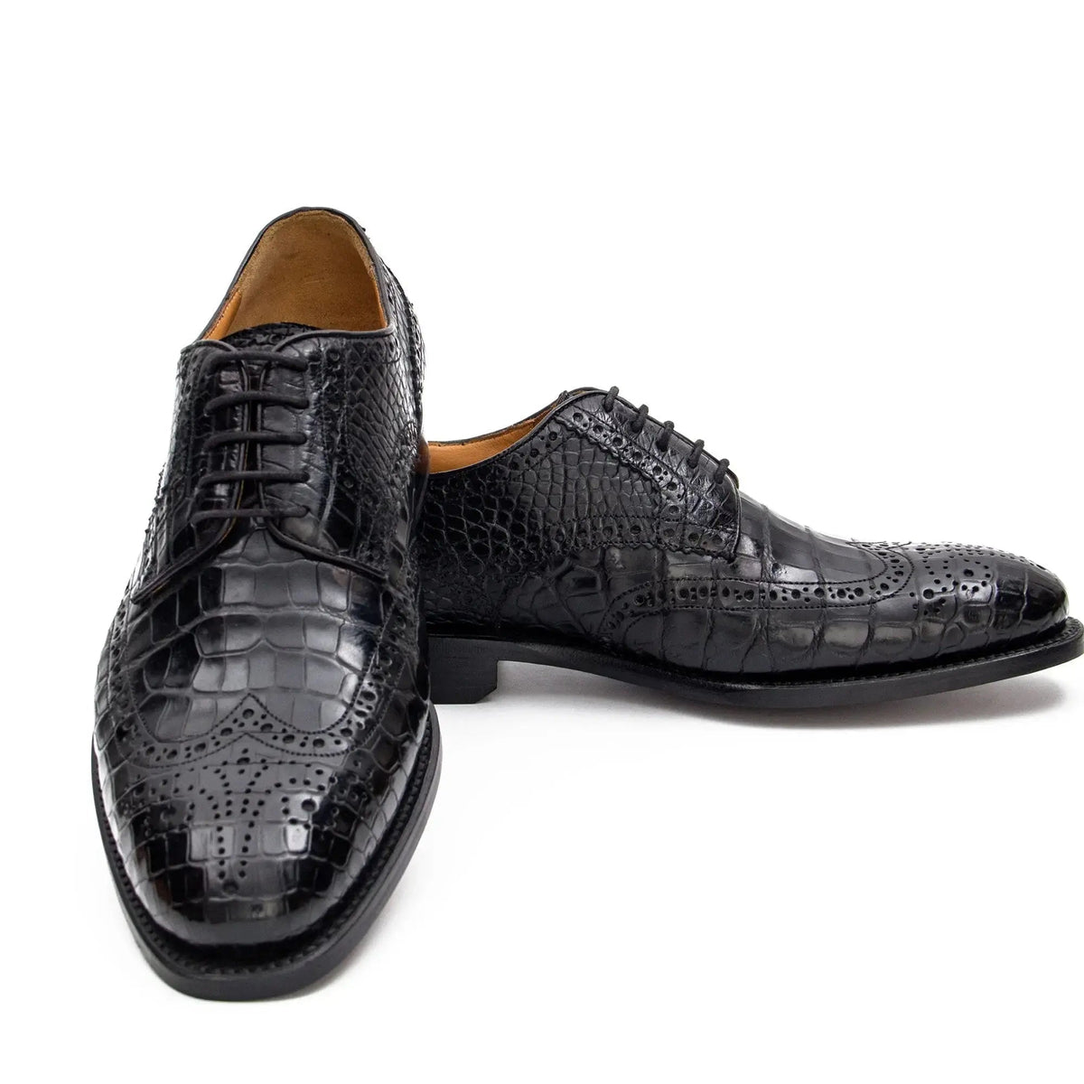 Black Wingtip Crocodile Leather Derby Shoes