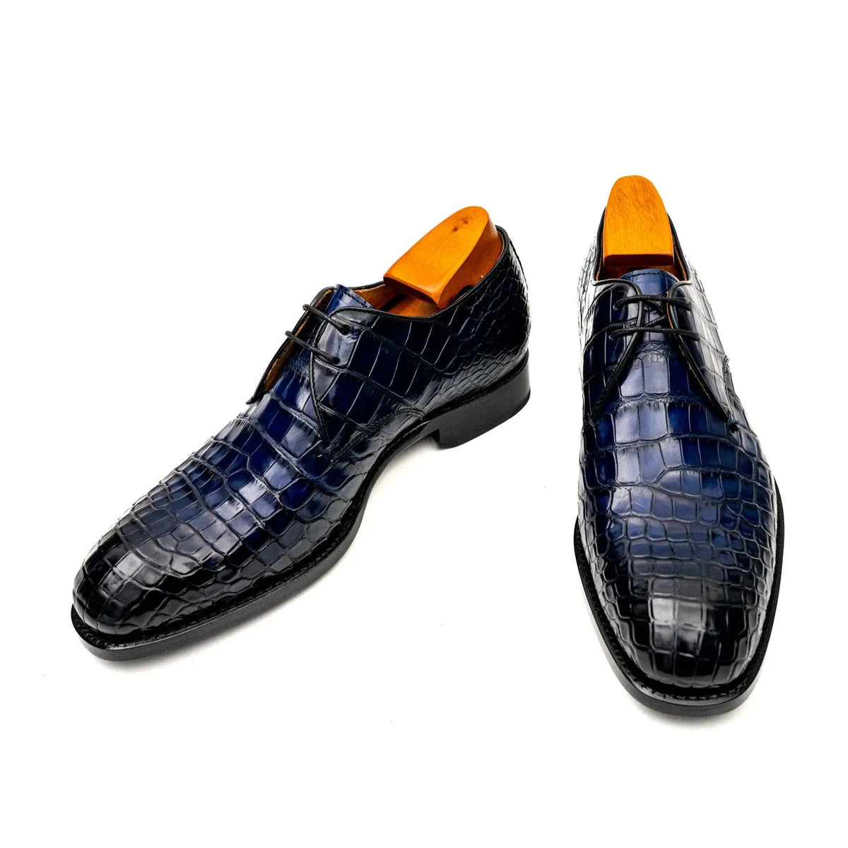Blue Plain-Toe Crocodile Leather Derby Shoes