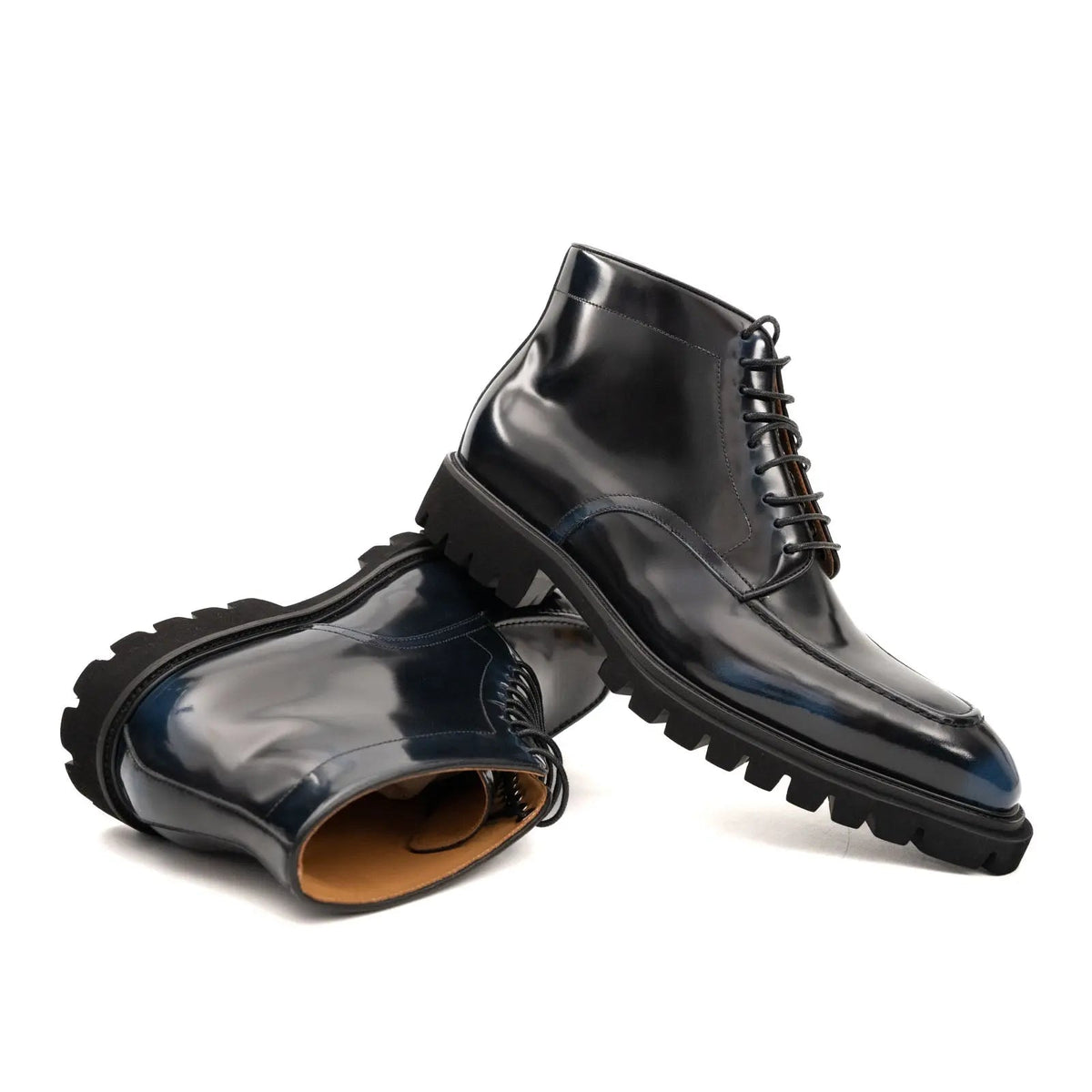 Blue-Black Apron-Toe Calf Leather Ankle Boots