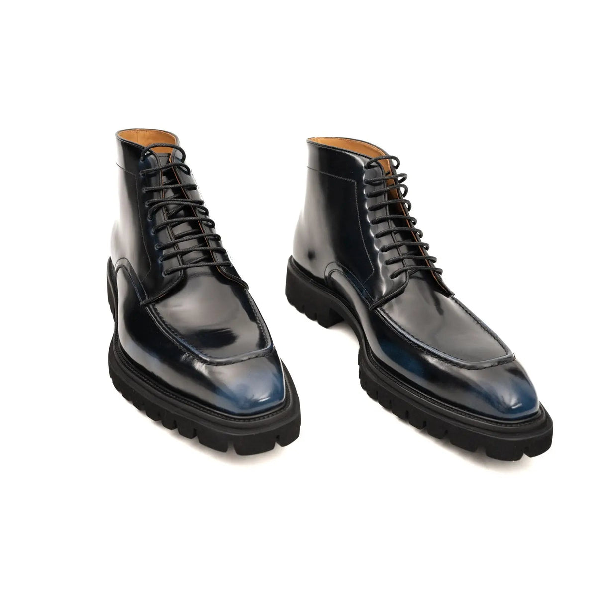 Blue-Black Apron-Toe Calf Leather Ankle Boots