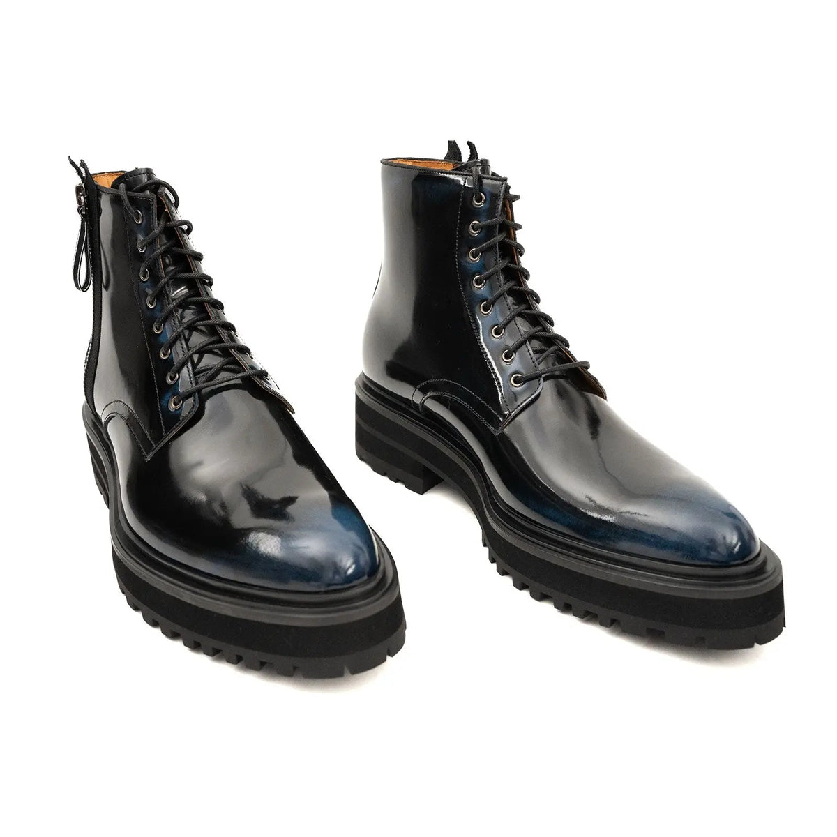 Blue-Black Calf Leather Lace-Up Boots