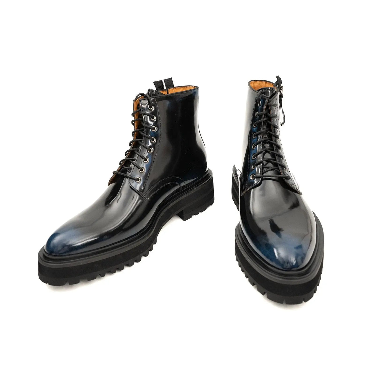 Blue-Black Calf Leather Lace-Up Boots