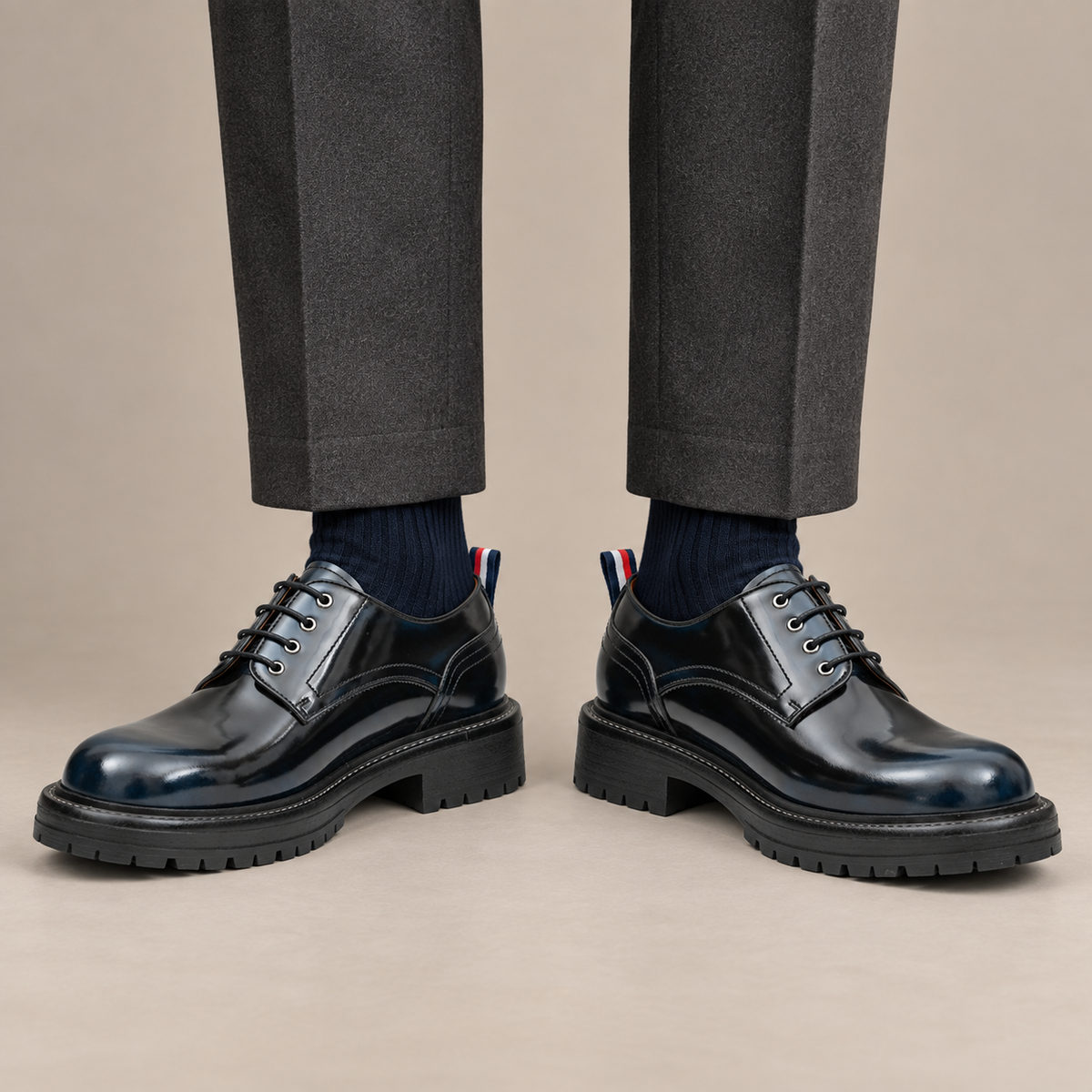 Blue Plain-Toe Cow Leather Derby Shoes