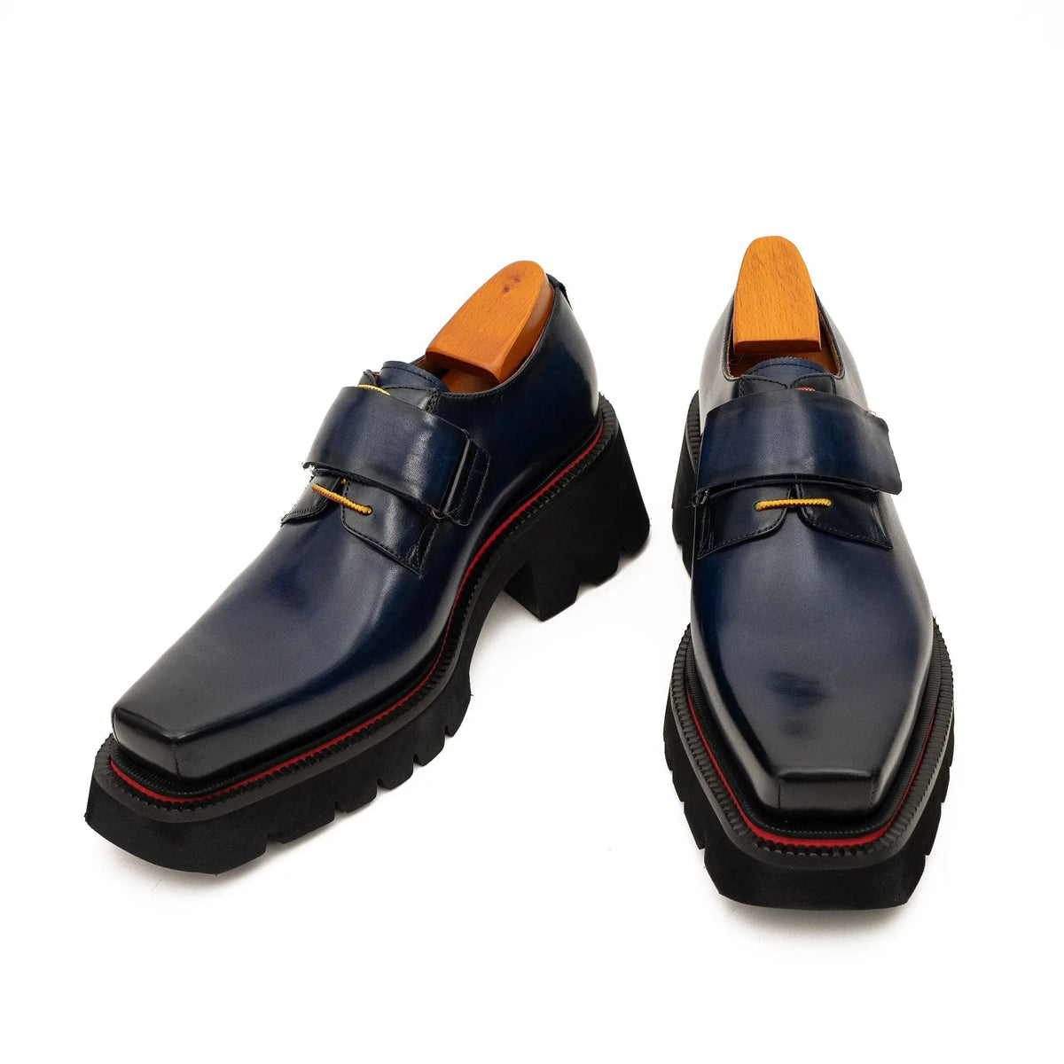 Blue Square-Toe Calf Leather Monk Shoes