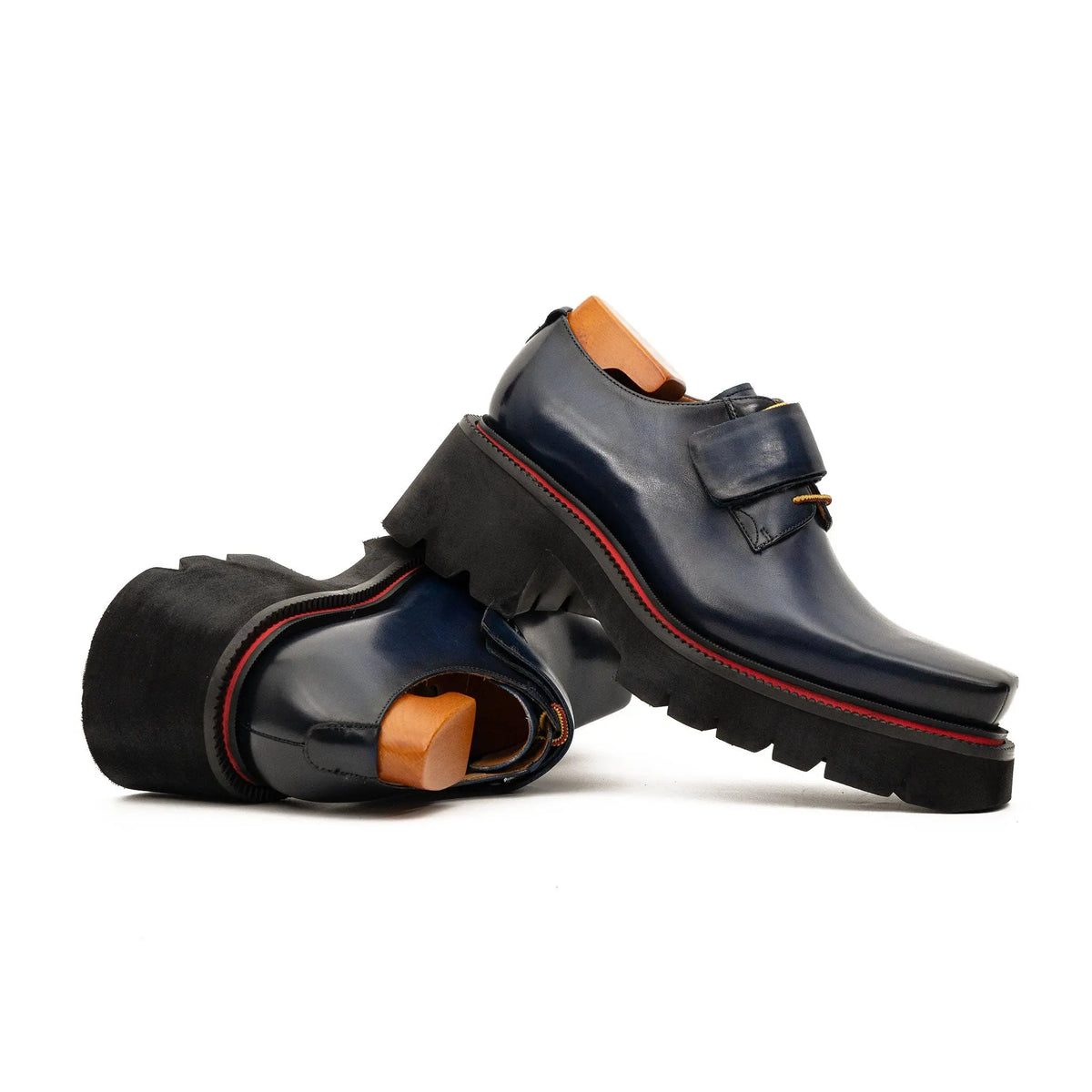 Blue Square-Toe Calf Leather Monk Shoes