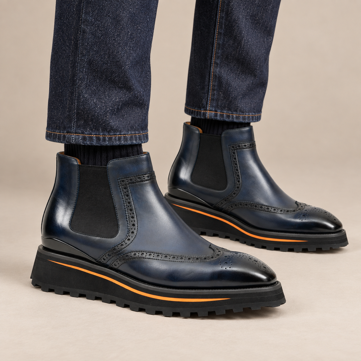 Blue Wingtip Calf Leather Chelsea Boots