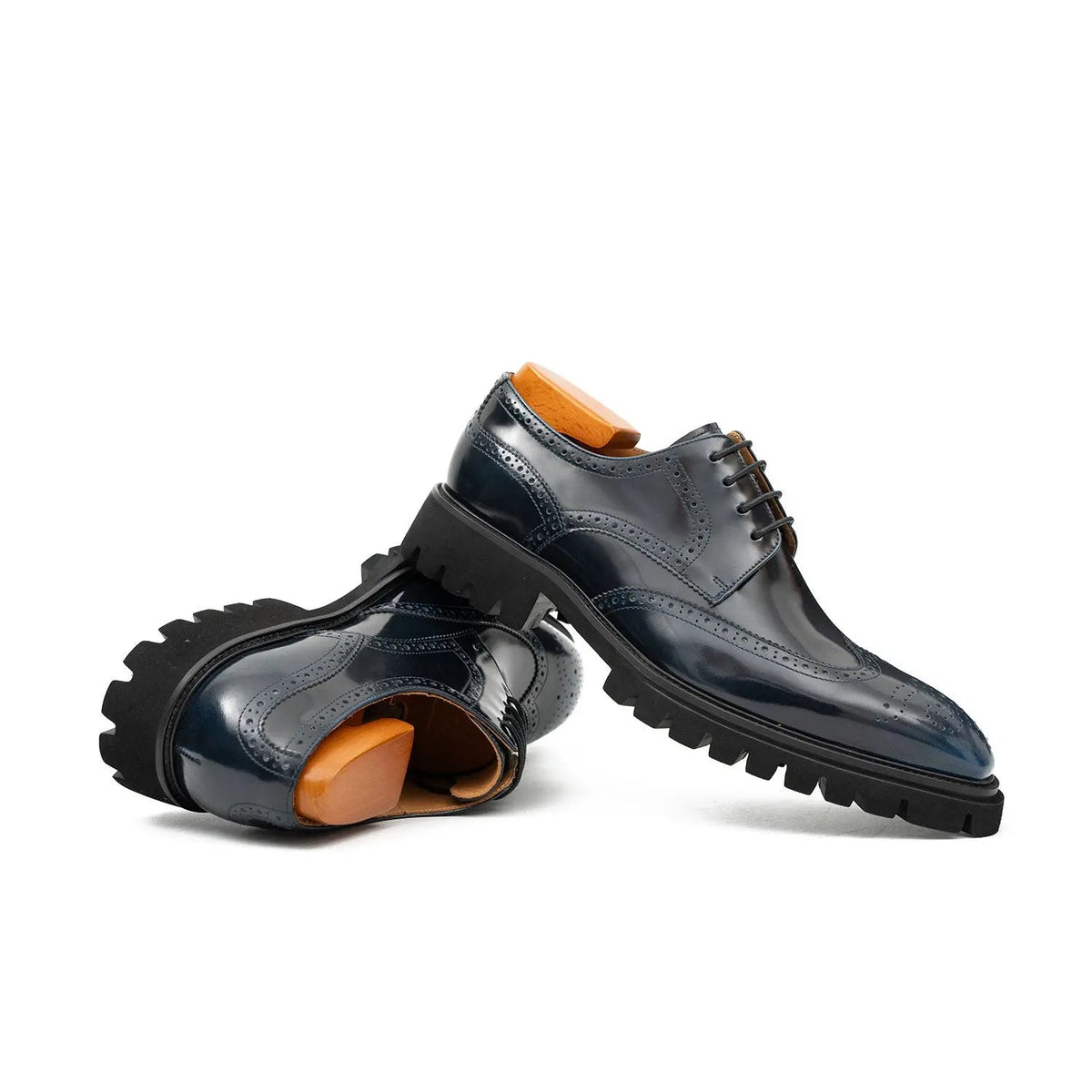 Blue Wingtip Calf Leather Derby Shoes