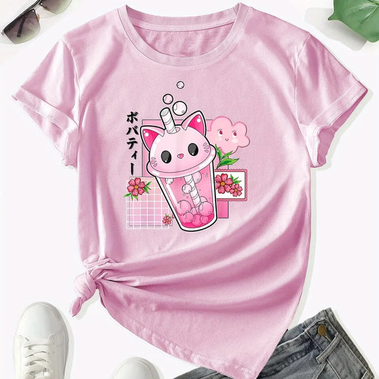 Camiseta con Taza de Gato y Té Boba