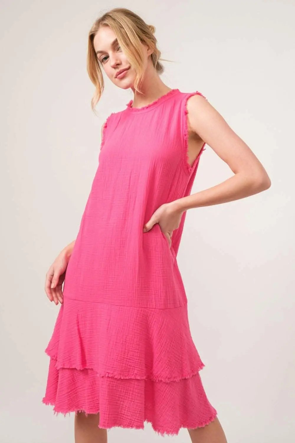 Dresses Trendsi usa - Boho Bliss Fringed Tiered Cotton Dress