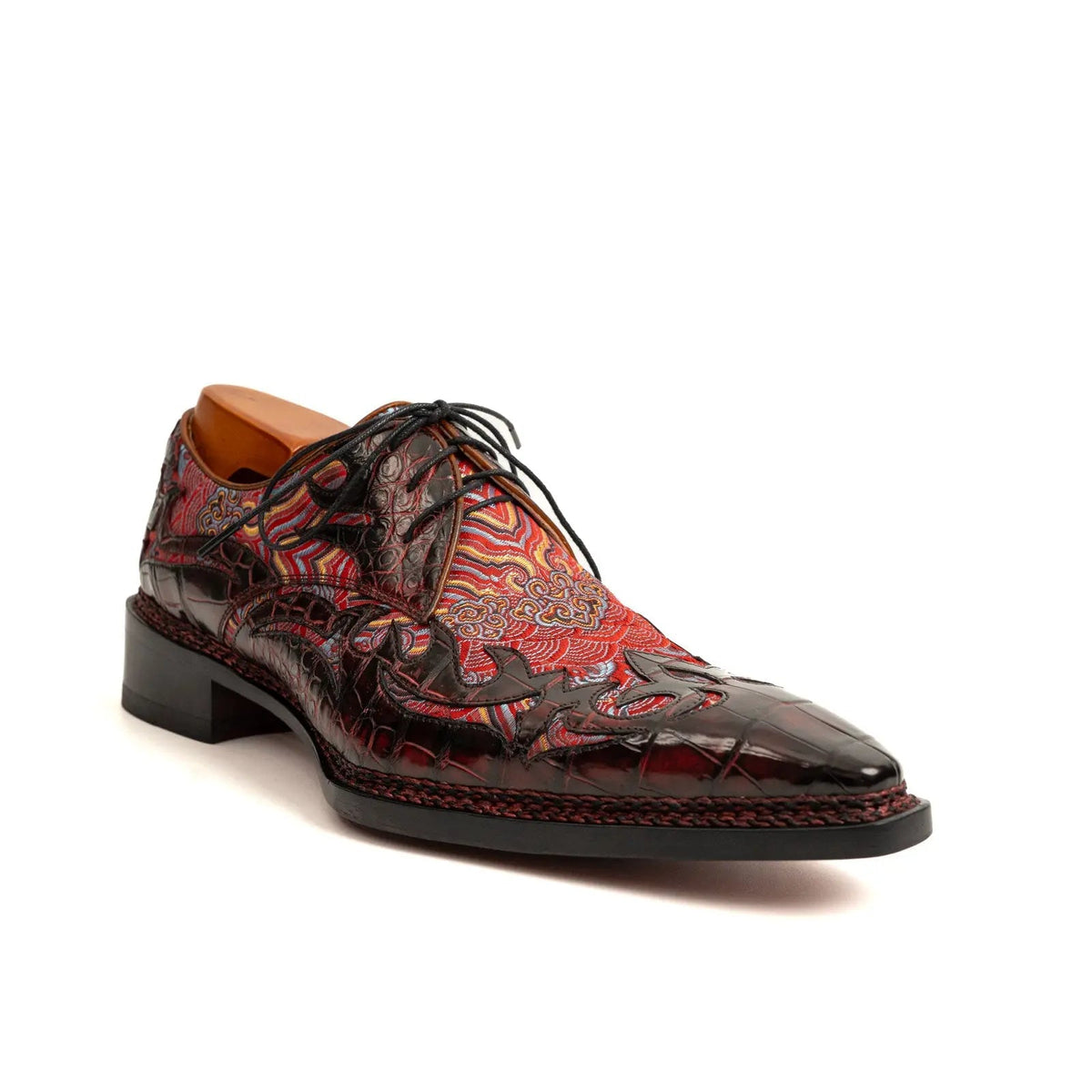 Red Square-Toe Crocodile Leather Oxford Shoes