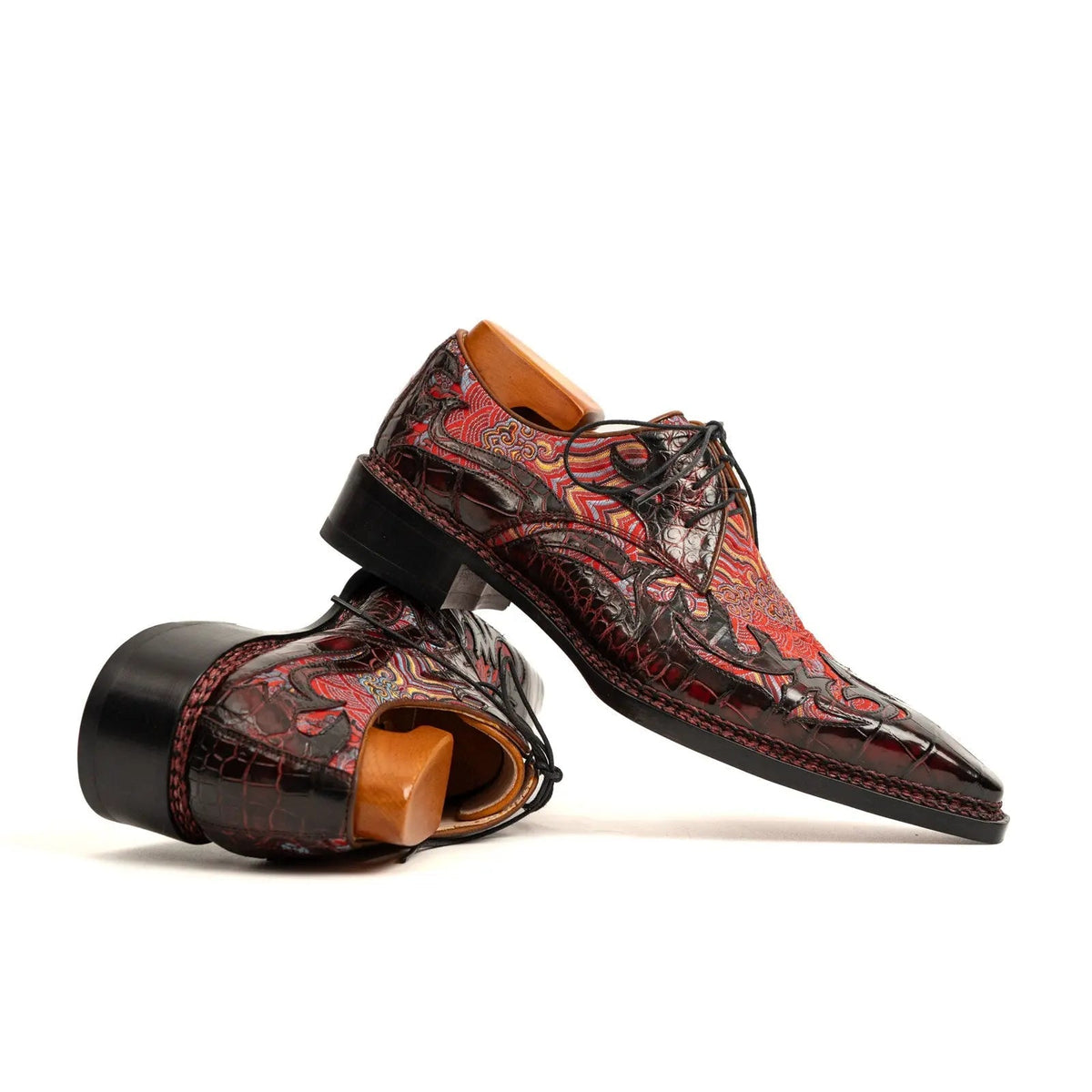 Red Square-Toe Crocodile Leather Oxford Shoes