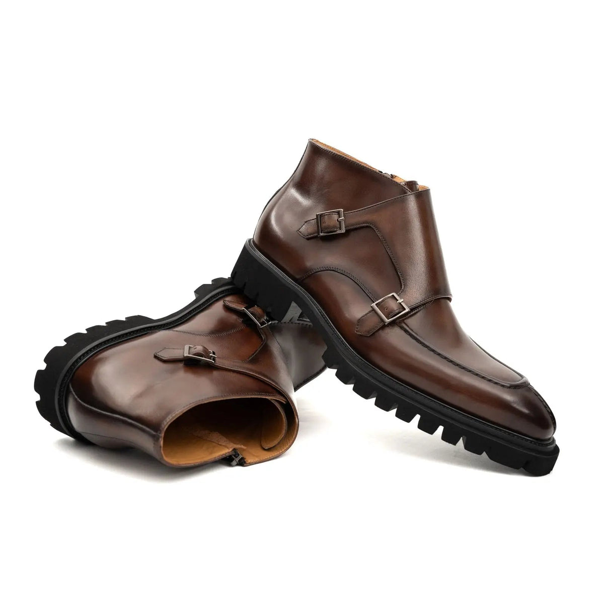 Brown Calf Leather Buckle Ankle Boots