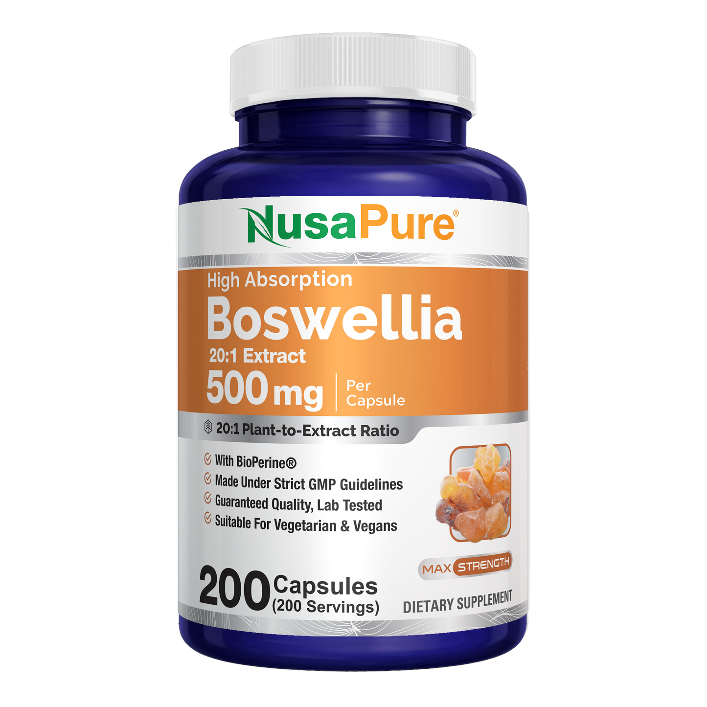 NusaPure Boswellia Serrata 500 mg Per Veggie Caps 200 Count (Ext. 20:1, Non-GMO, Vegan, Bioperine) Ayurvedic Herb: Indian Olibanum, Frankincense
