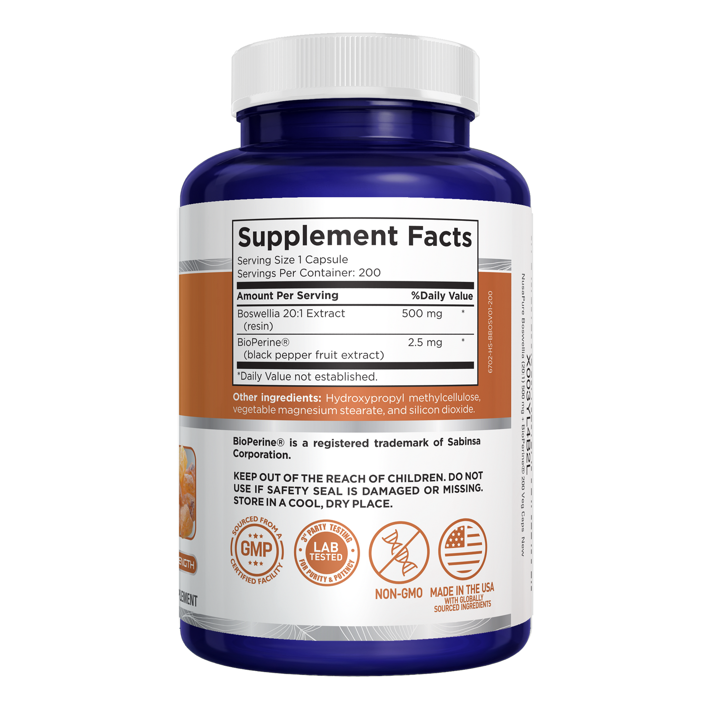 NusaPure Boswellia Serrata 500 mg Per Veggie Caps 200 Count (Ext. 20:1, Non-GMO, Vegan, Bioperine) Ayurvedic Herb: Indian Olibanum, Frankincense