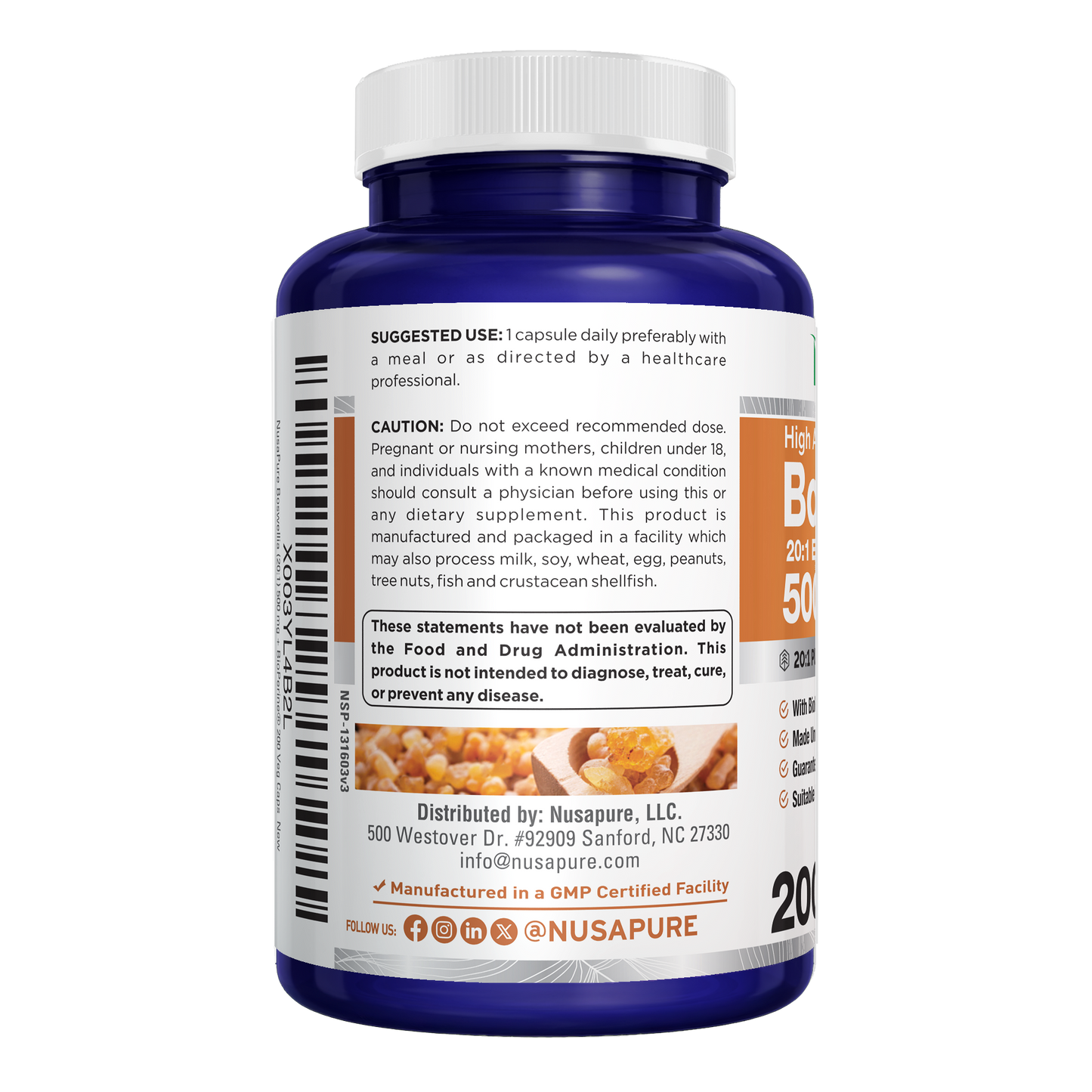 NusaPure Boswellia Serrata 500 mg Per Veggie Caps 200 Count (Ext. 20:1, Non-GMO, Vegan, Bioperine) Ayurvedic Herb: Indian Olibanum, Frankincense