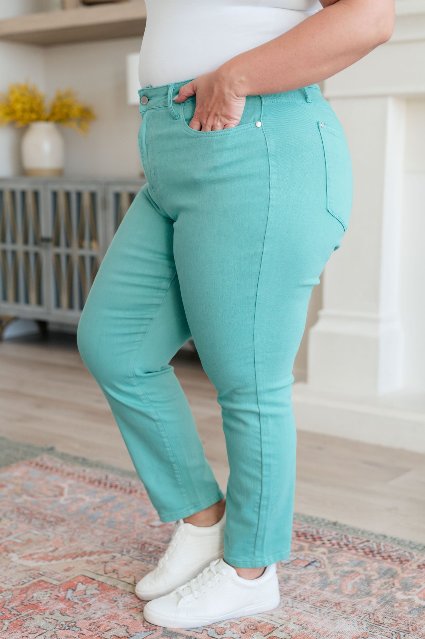 Bridgette Jeans Slim de Tiro Alto Teñidos en Prenda Color Aguamarina