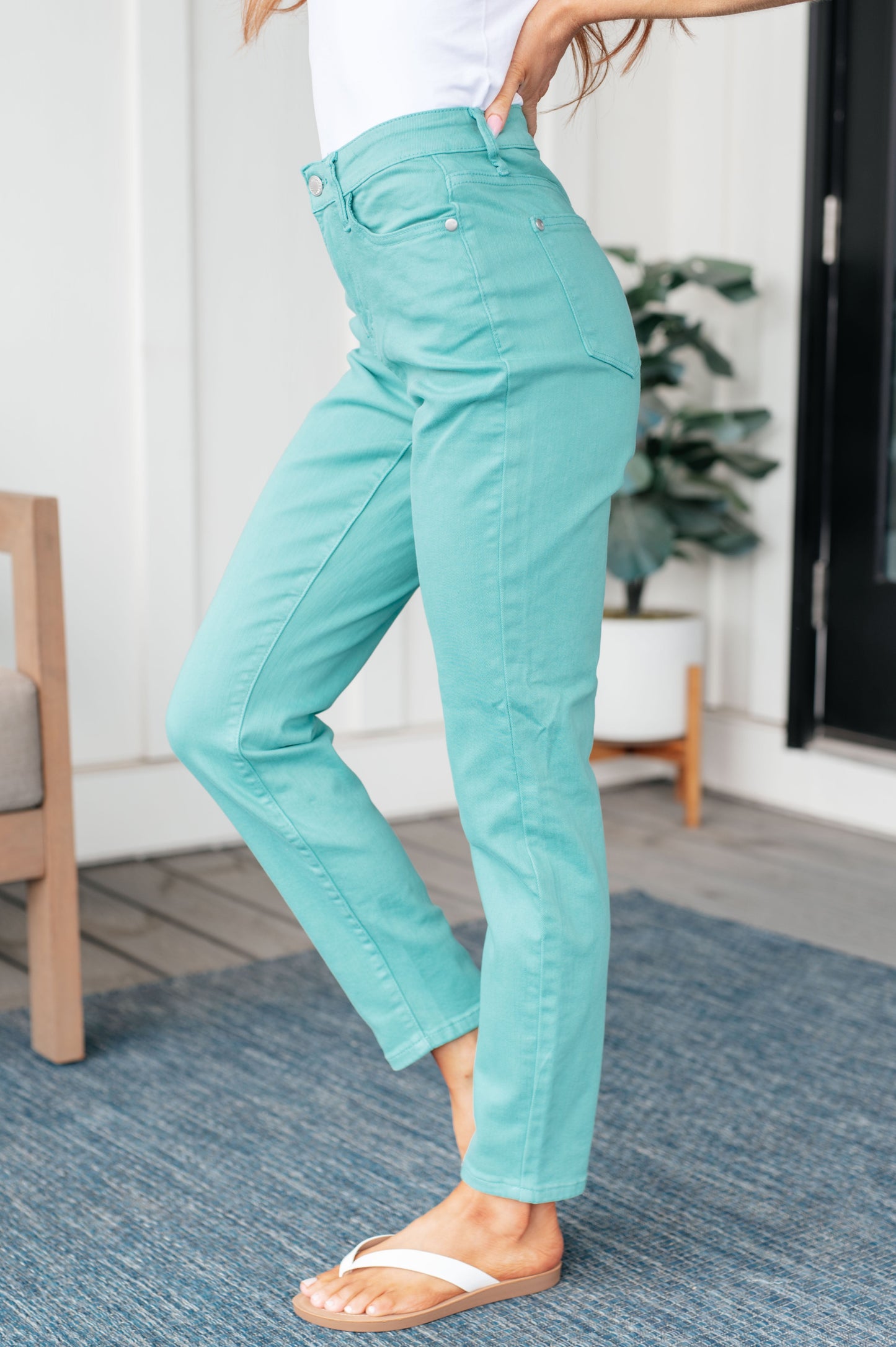 Bridgette Jeans Slim de Tiro Alto Teñidos en Prenda Color Aguamarina