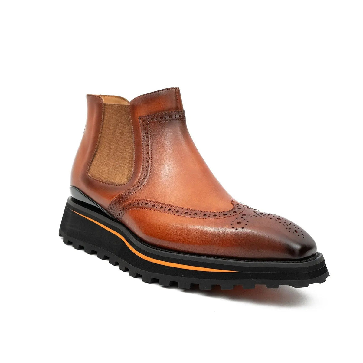 Orange-Brown Wingtip Calf Leather Chelsea Boots