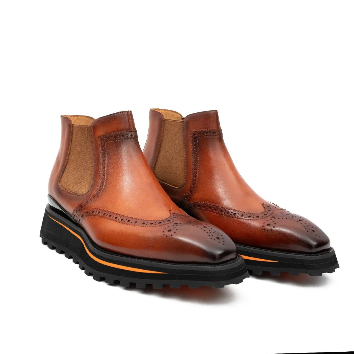 Orange-Brown Wingtip Calf Leather Chelsea Boots