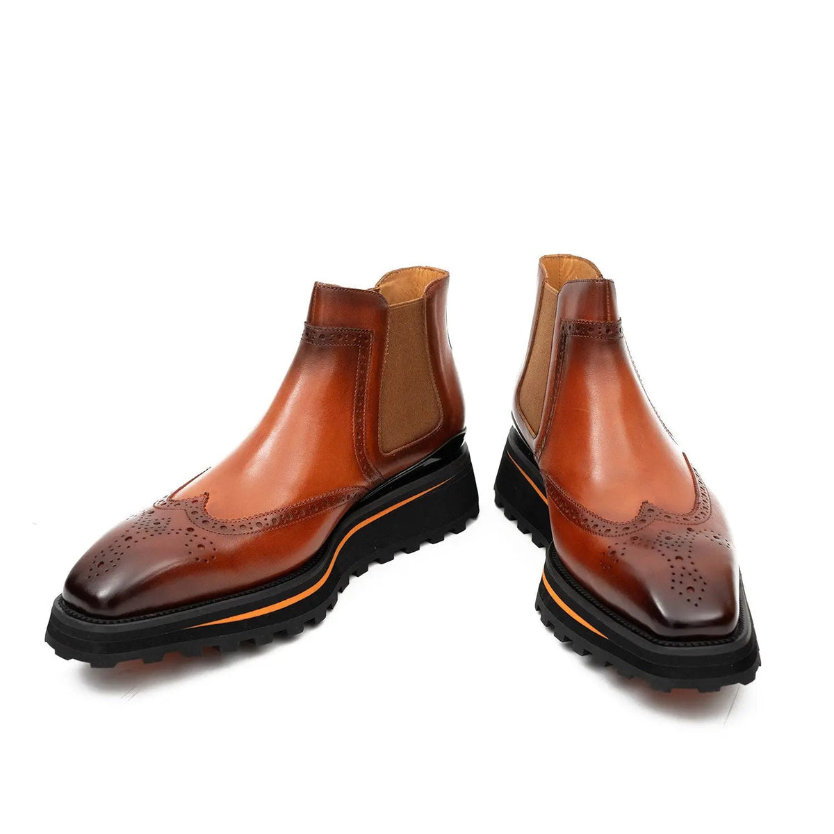 Orange-Brown Wingtip Calf Leather Chelsea Boots