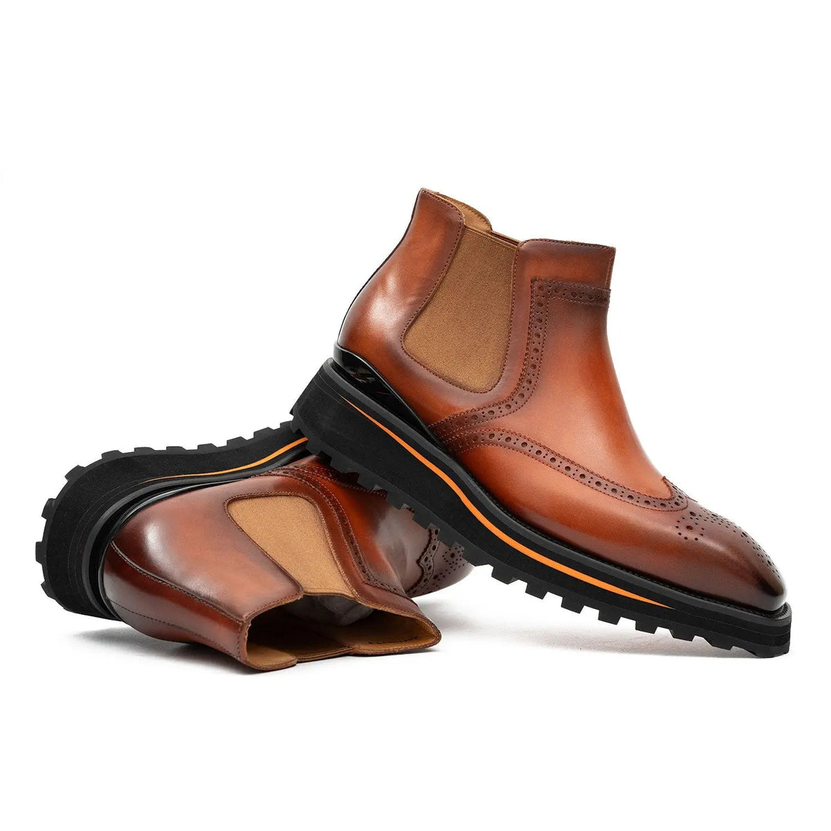 Orange-Brown Wingtip Calf Leather Chelsea Boots