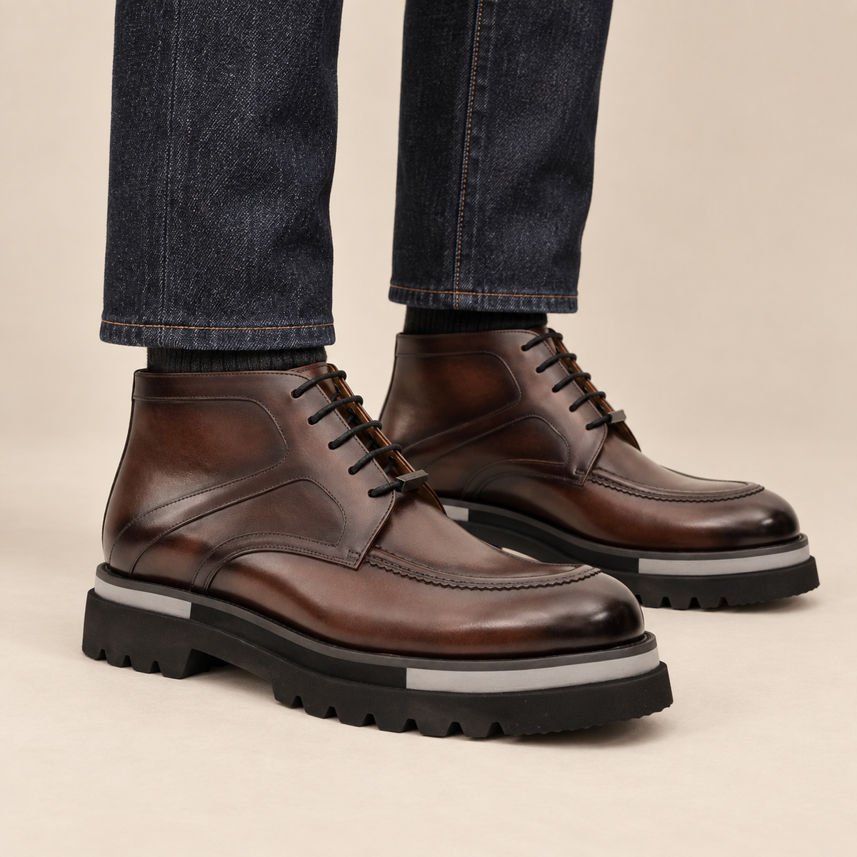 Brown Apron-Toe Calf Leather Ankle Boots