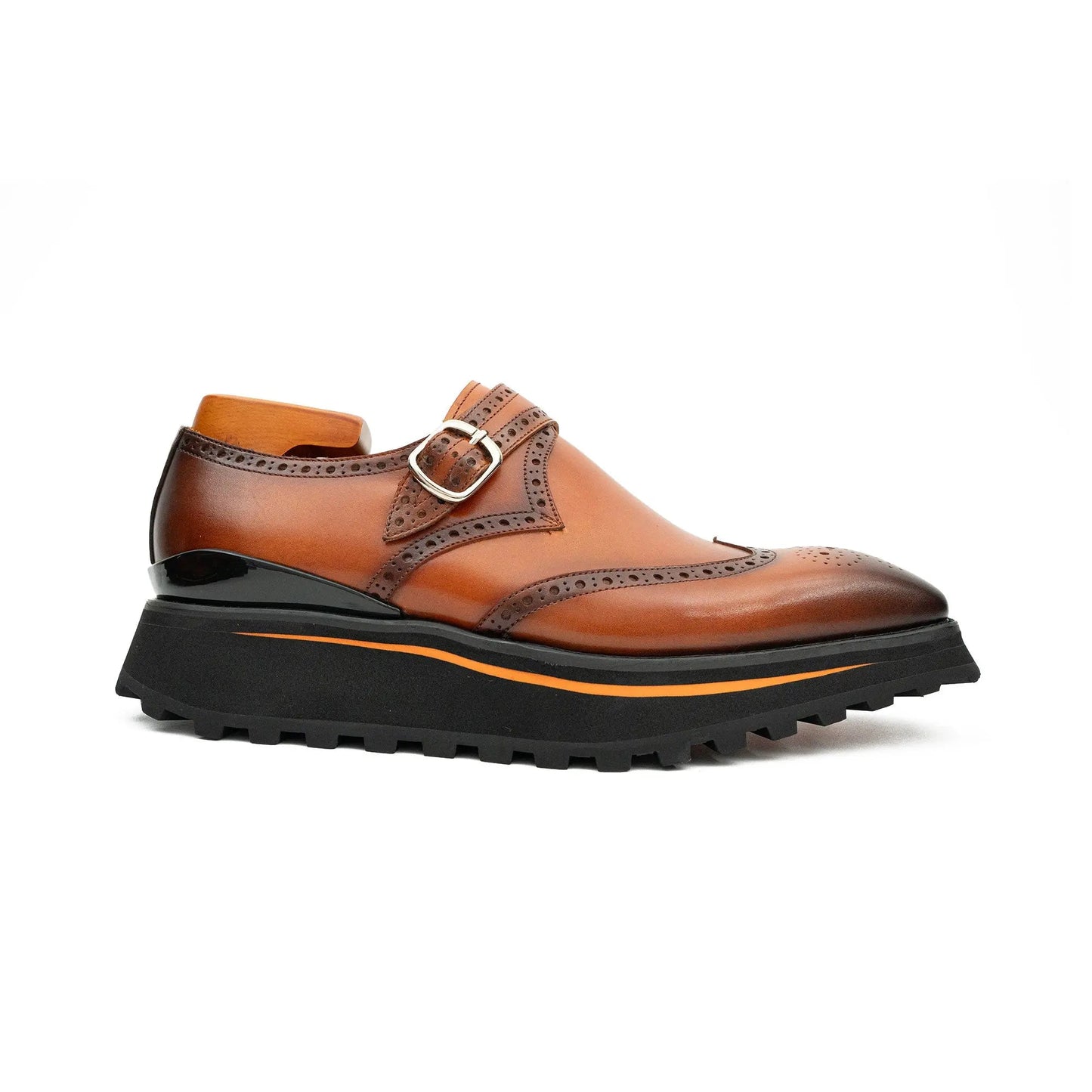 Brown Brogue Monk Shoes With Chunky Sole