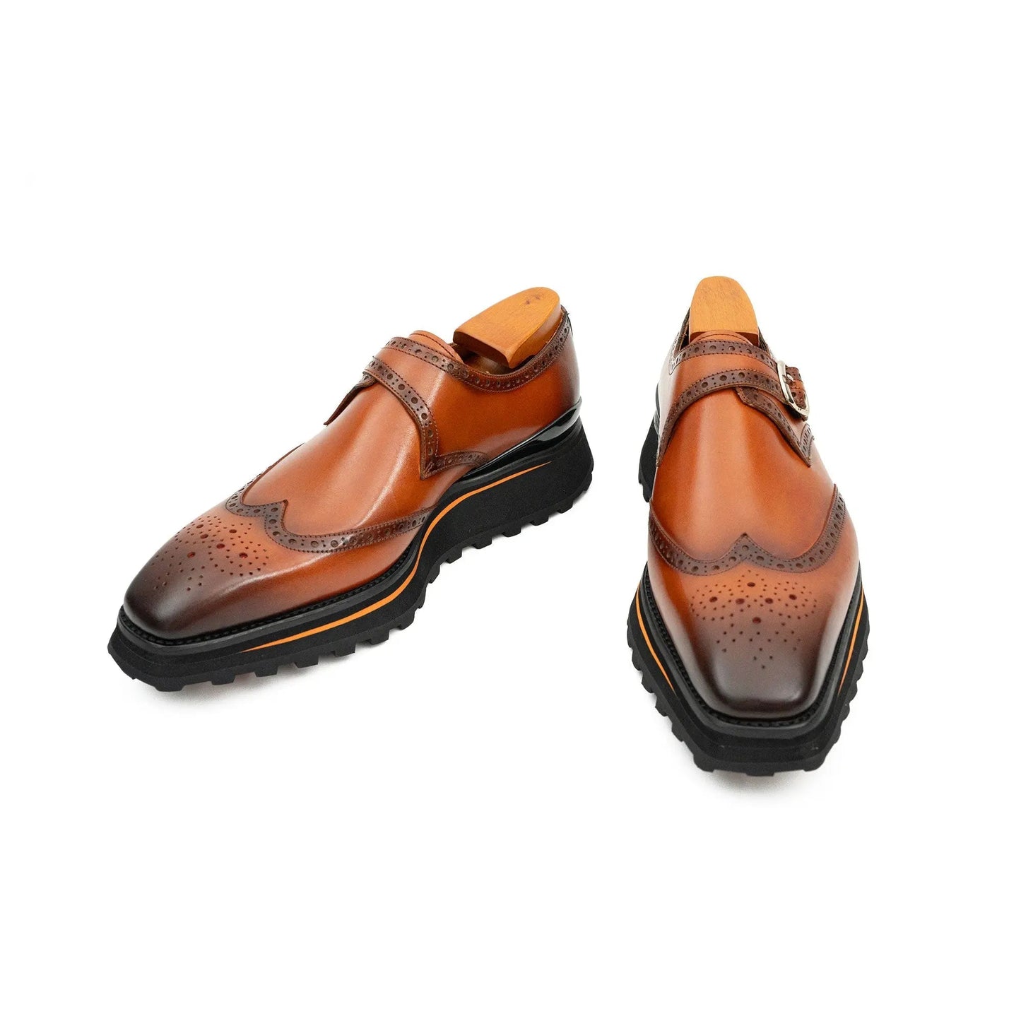 Brown Brogue Monk Shoes With Chunky Sole