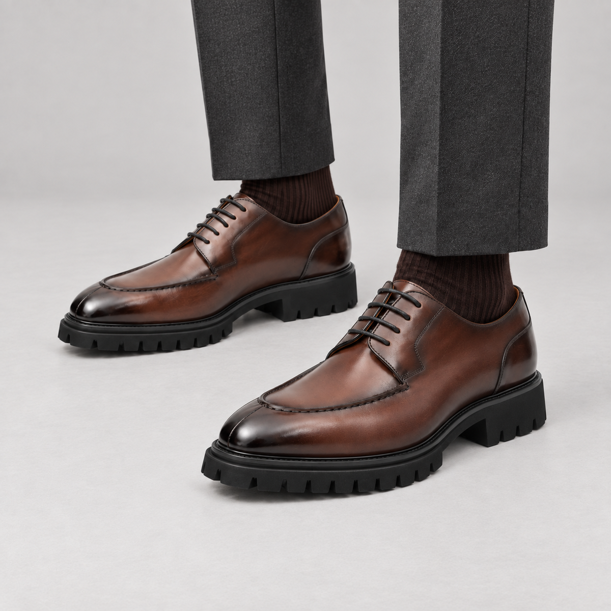 Brown Calf Leather Apron-Toe Derby Shoes