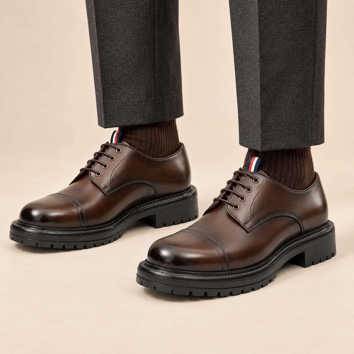 Brown Calf Leather Cap-Toe Derby Shoes with Lug Sole
