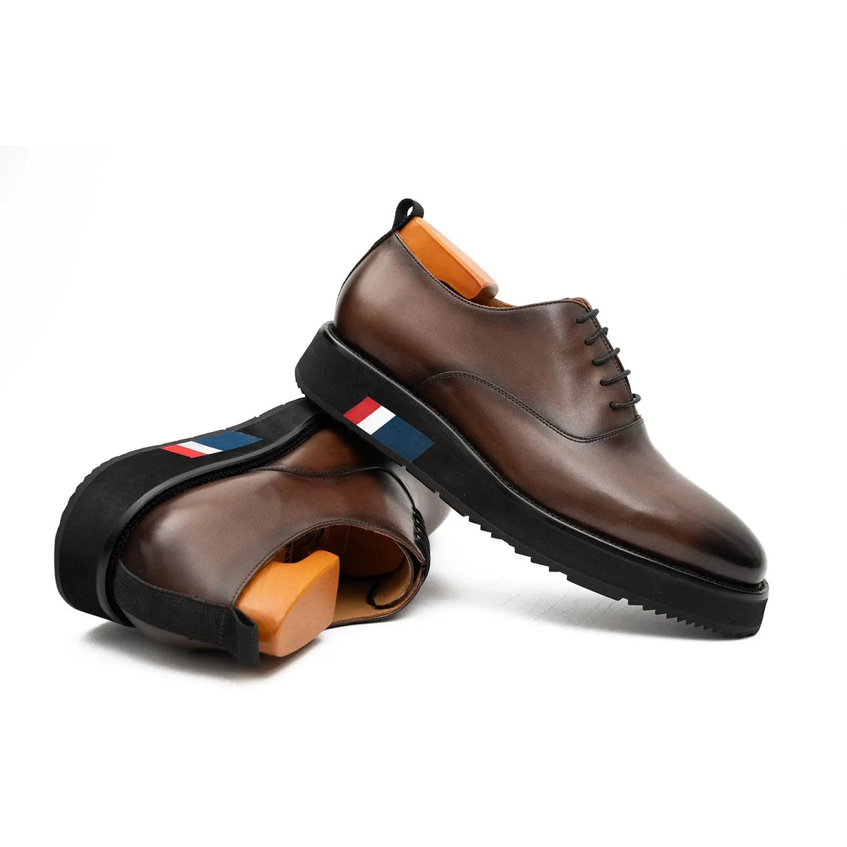 Brown Plain-Toe Calf Leather Oxford Shoes