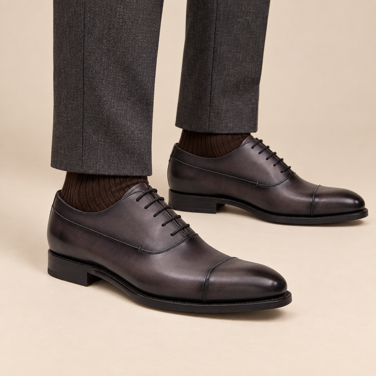 Brown Cap-Toe Calf Leather Oxford Shoes
