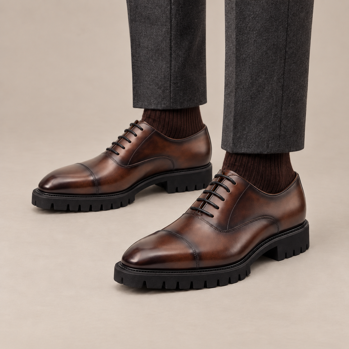 Brown Cap-Toe Cow Leather Oxford Shoes