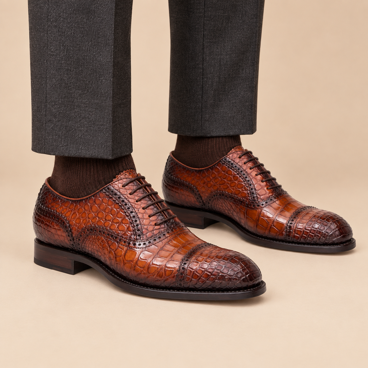 Brown Cap-Toe Crocodile Leather Oxford Shoes