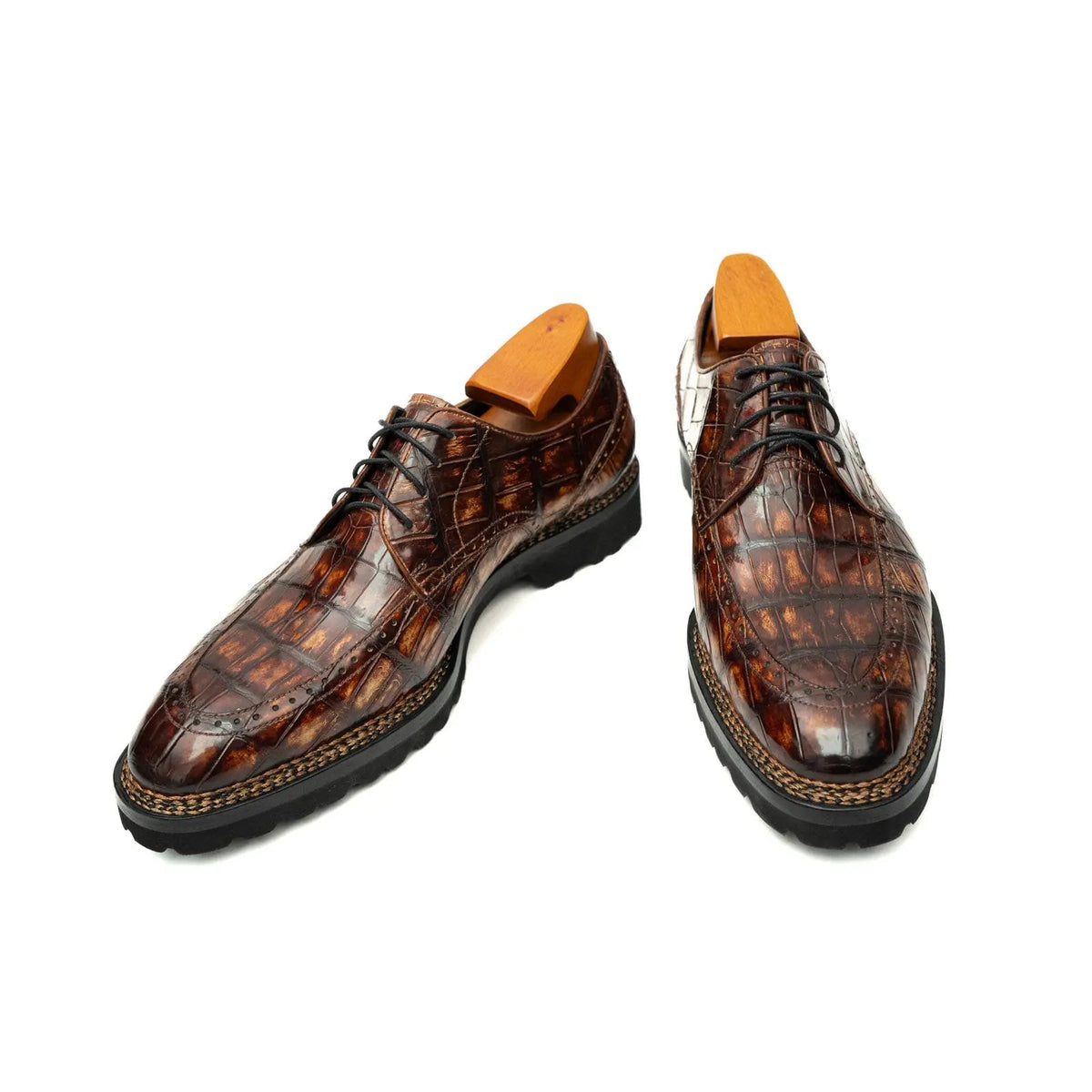 Brown Apron-Toe Crocodile Leather Derby Shoes