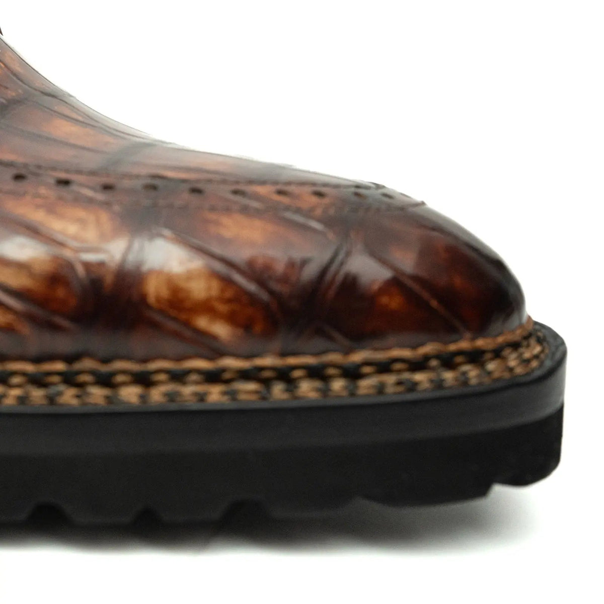 Brown Apron-Toe Crocodile Leather Derby Shoes