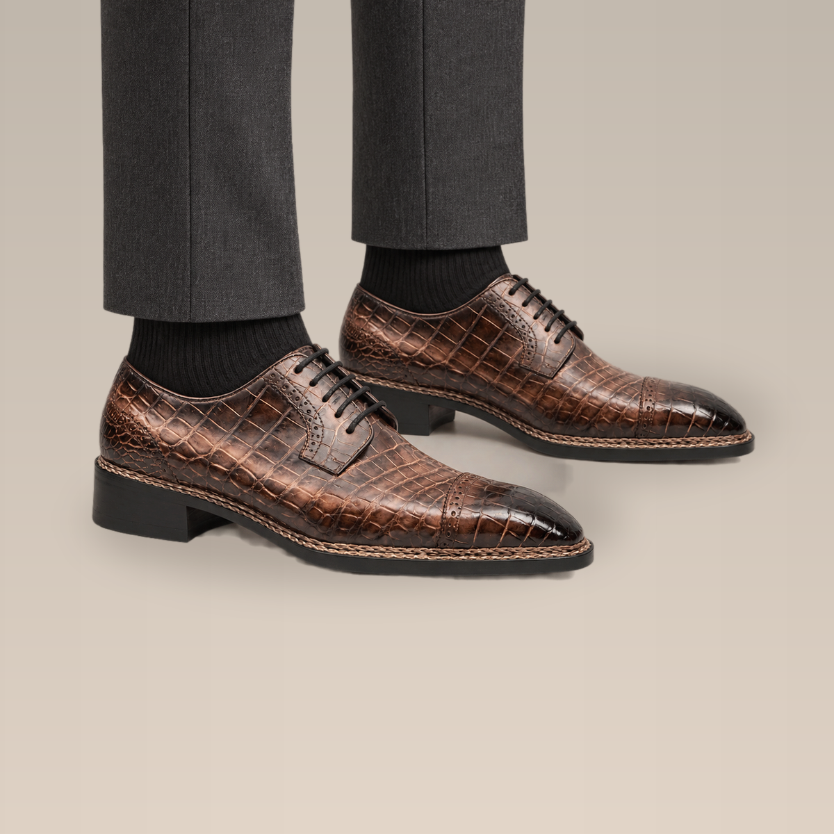 Brown Crocodile Leather Derby Shoes