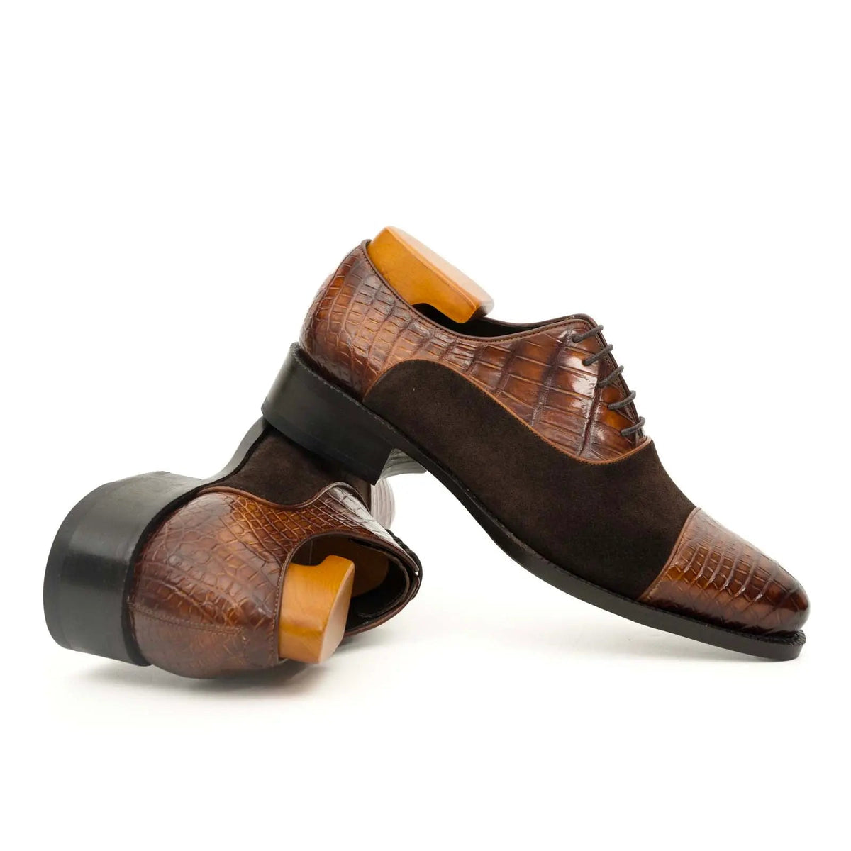 Brown Cap-Toe Calf & Crocodile Leather Oxford Shoes