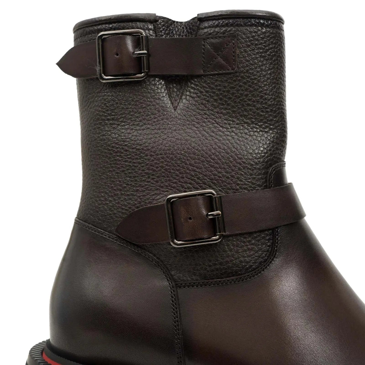 Dark Brown Square-Toe Calf Leather Buckle Ankle Boots