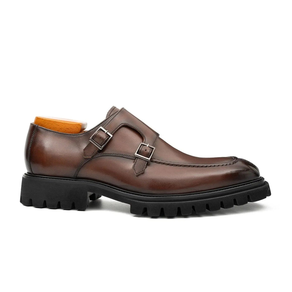 Brown Apron-Toe Calf Leather Monk Shoes