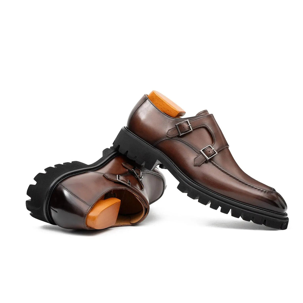 Brown Apron-Toe Calf Leather Monk Shoes