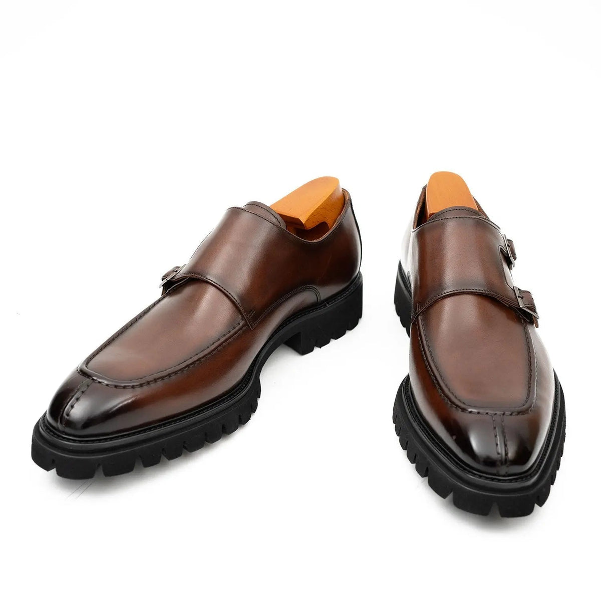 Brown Apron-Toe Calf Leather Monk Shoes