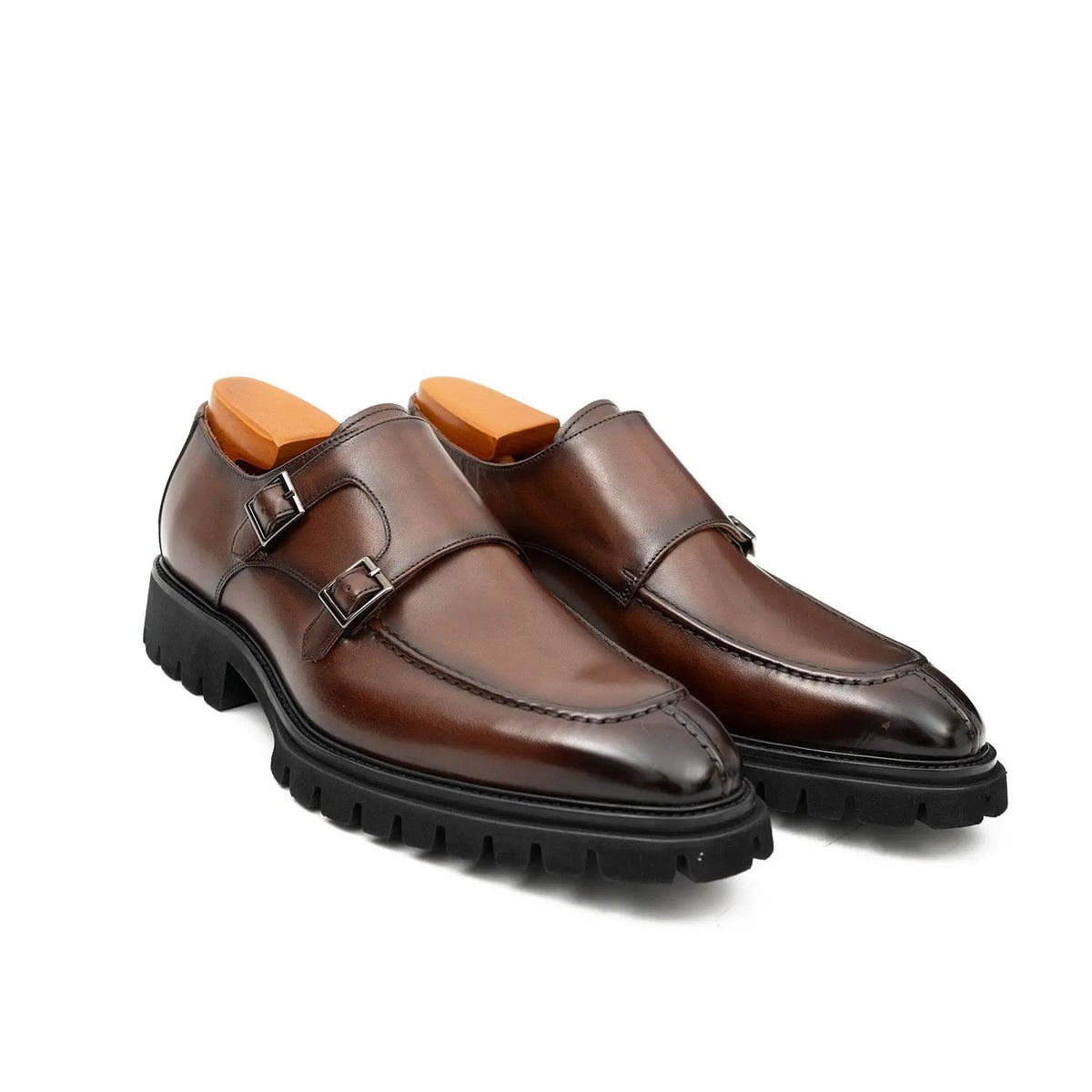 Brown Apron-Toe Calf Leather Monk Shoes