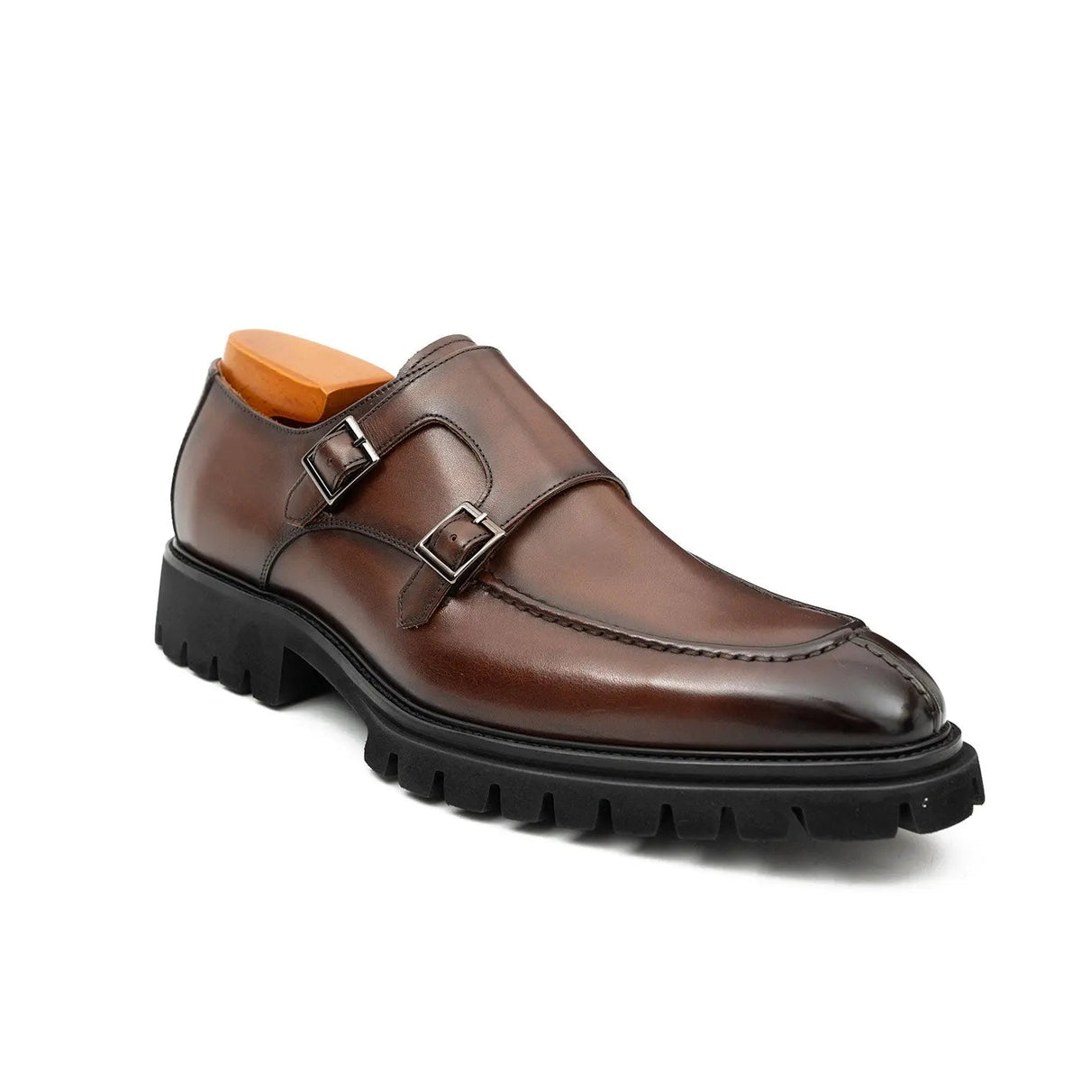 Brown Apron-Toe Calf Leather Monk Shoes