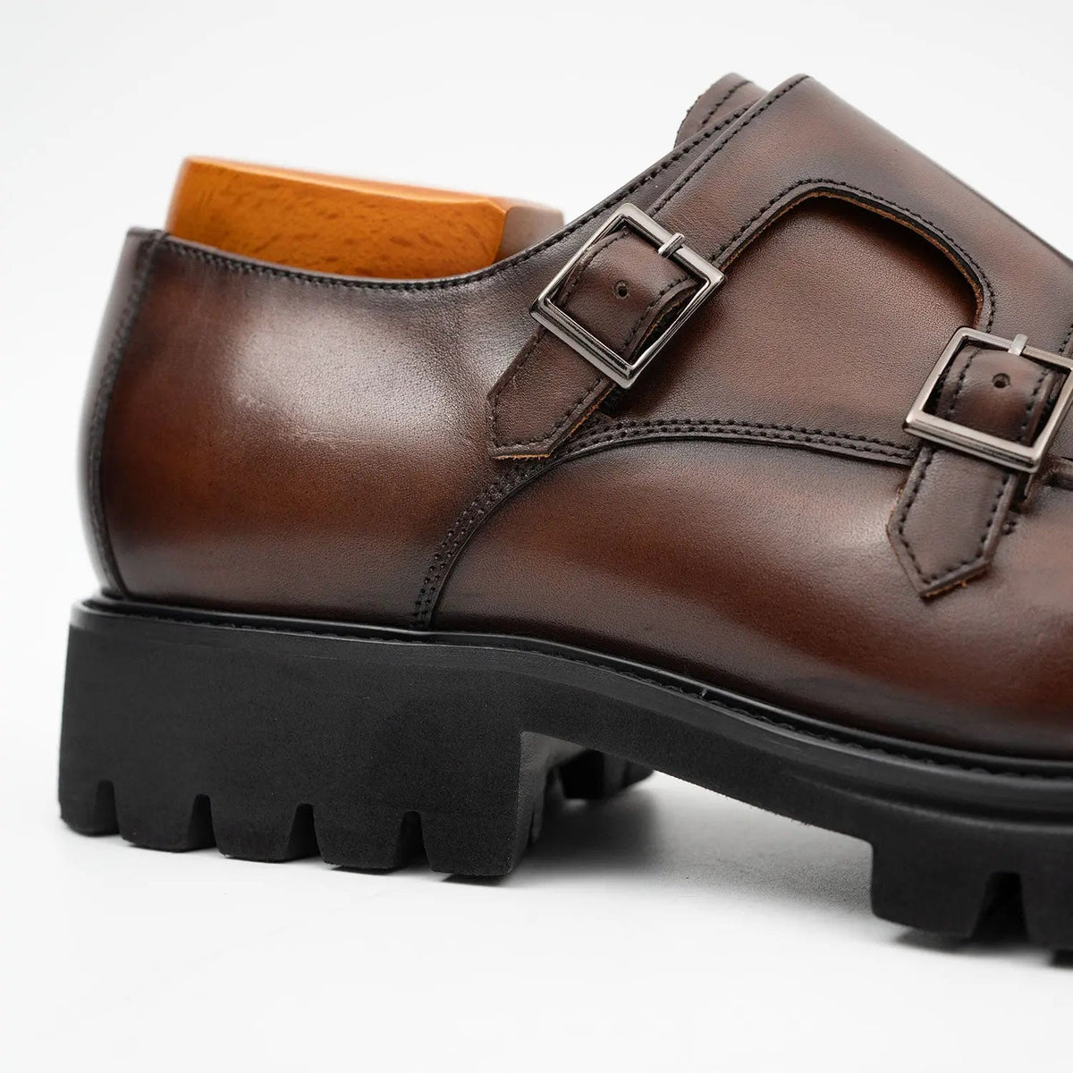 Brown Apron-Toe Calf Leather Monk Shoes
