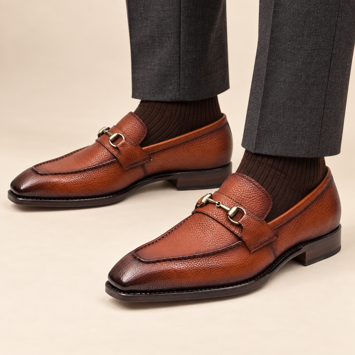 Brown Pebbled Calf Leather Horsebit Loafers